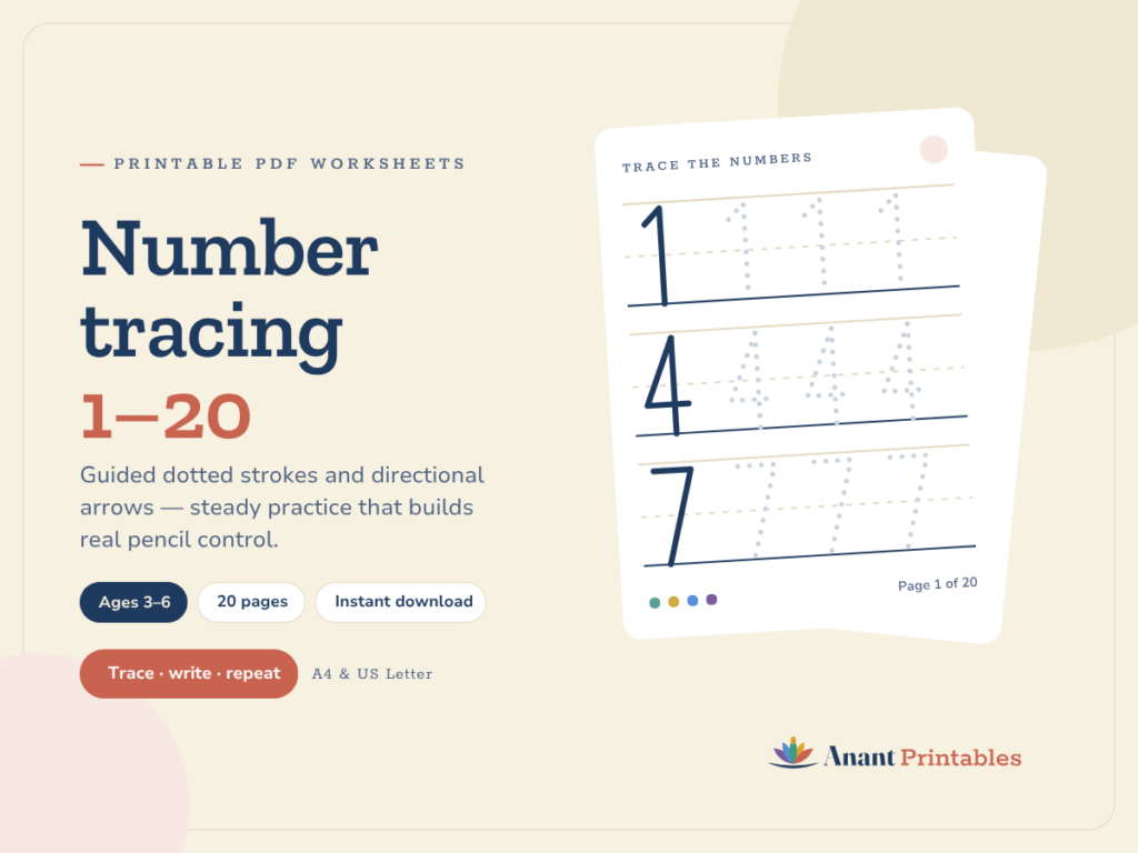 Number Tracing 1-20 Worksheets – Printable Handwriting & Counting Practice for Kindergarten