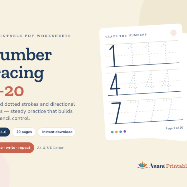 Number Tracing 1-20 Worksheets – Printable Handwriting & Counting Practice for Kindergarten