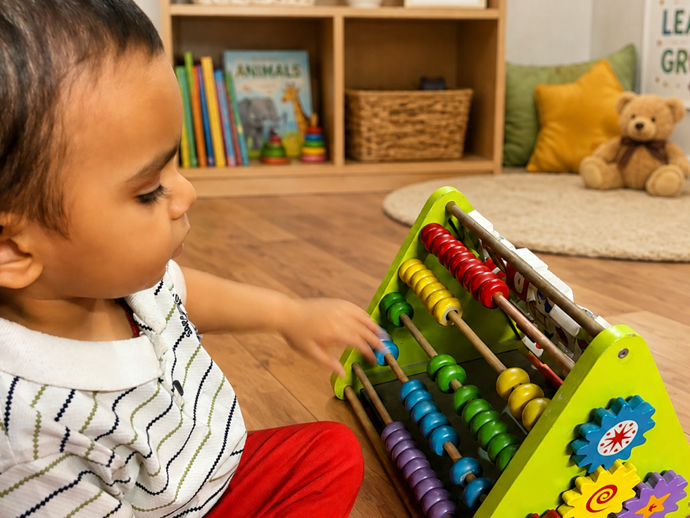 preschooler counting colored beads on a wooden abacus toy: screen-free activity at home
