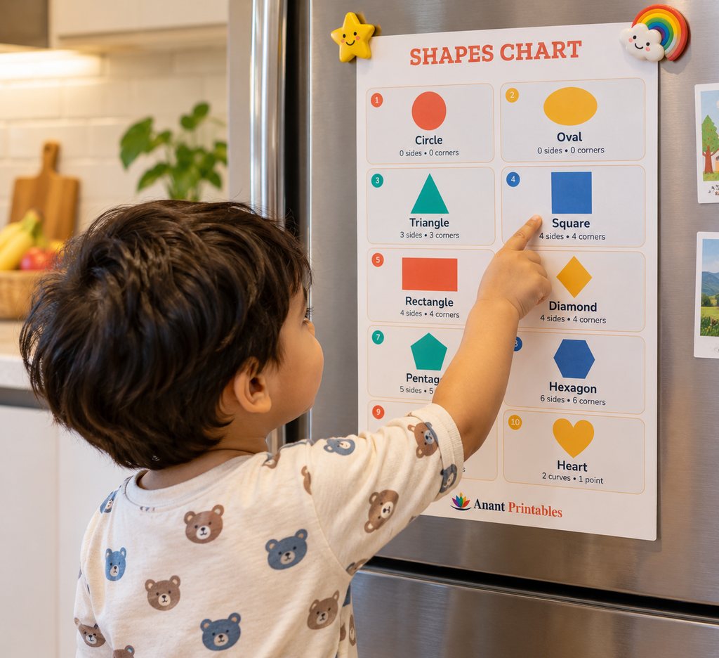 shapes chart of Anant Printables fixed on a fridge door