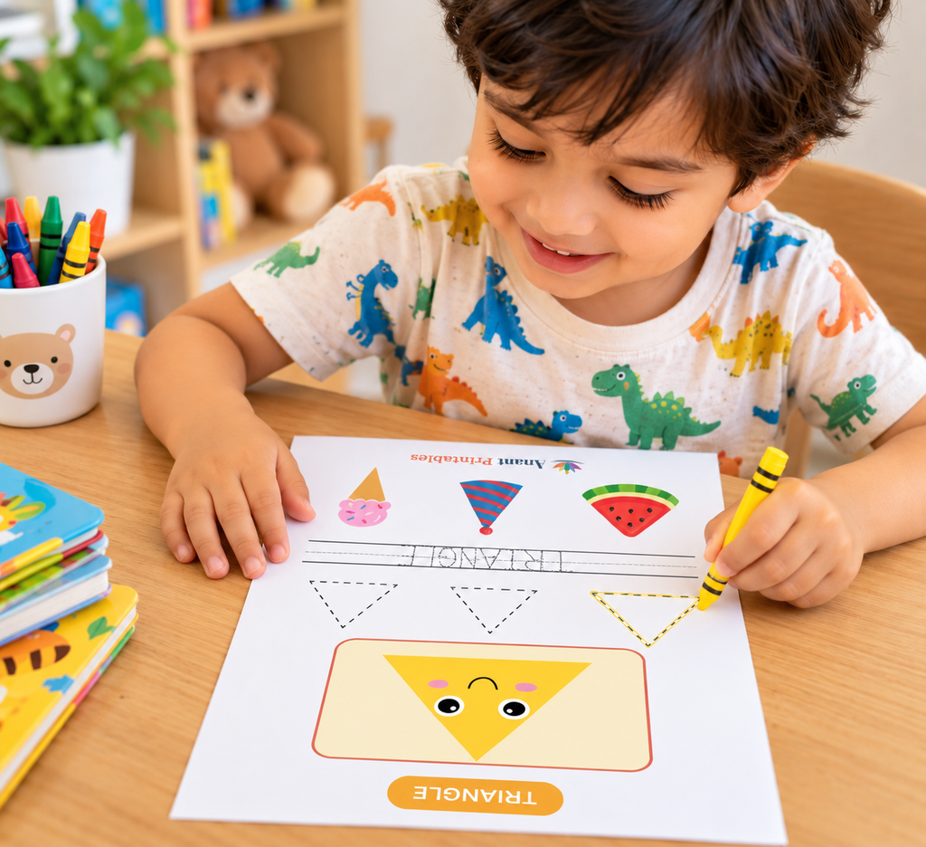 a child confidently tracing the triangular shape pattern 